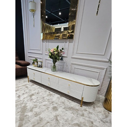 SZAFKA RTV Anne biała, ryflowana, 6 szuflad, złote