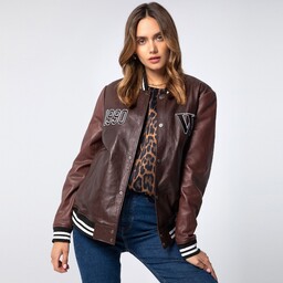 Kurtka bejsbolówka skórzana uniseks brązowo-bordowa