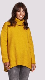 Obszerny Sweter z Golfem - Miodowy