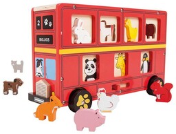 Czerwony Autobus sorter ze zwierzętami, BJ692-Bigjigs, drewniane sortery