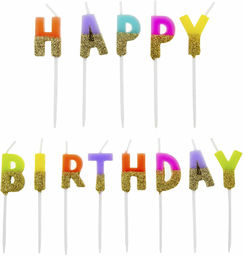 Świeczki pikery napis - Happy Birthday ze złotym