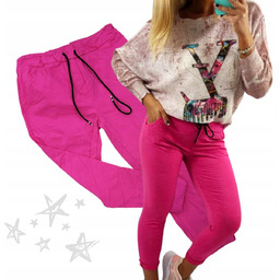 Spodnie gnieciuchy lycra gumy wysoki stan kieszenie fuksja