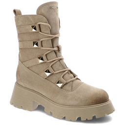 Chebello Beżowe Botki Modne Skórzane Buty Damskie