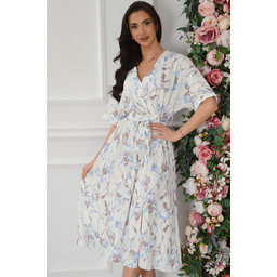 Sukienka midi a''la kimono w błękitne irysy ecru