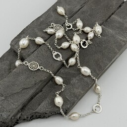 Długi srebrny naszyjnik z perłami 2w1