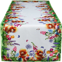 Bieżnik wielkanocny zielony w pisanki, kwiaty i pisklęta