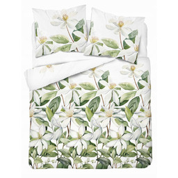 Pościel satynowa 160x200 Biała z zielonymi liśćmi