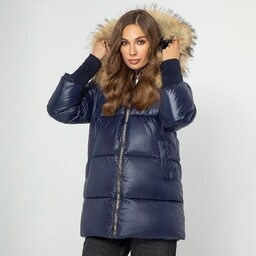 Damska kurtka z futrzanym kapturem granatowa
