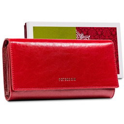 Portfel SKÓRZANY damski czerwony duży poziomy portmonetka RFID