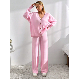 SHEIN RÓŻOWY LUZNY SWETER KARDIGAN Z DEKOLTEM V