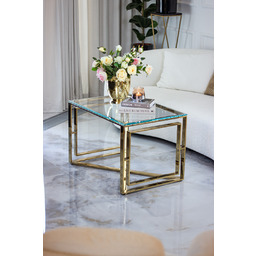 STOLIK KAWOWY złota podstawa wysoki połysk, szklany transparentny