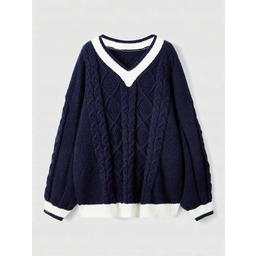 SHEIN GRANATOWY SWETER DAMSKI Z BIAŁĄ LAMILOWANĄ WSTAWKĄ