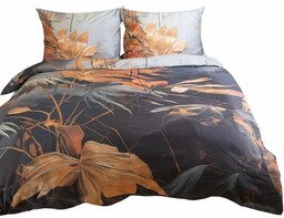 Pościel satynowa 140x200 Premium Satynlove Liście szara terra
