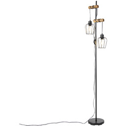 Rustykalna lampa podłogowa czarna z drewnem 2-światła -