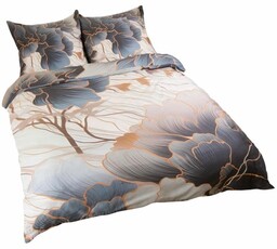 Pościel satynowa 160x200 Premium Satynlove Kwiaty szara beżowa