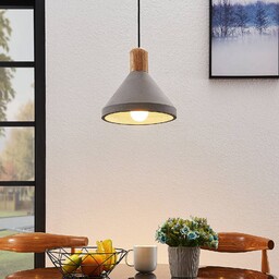 Lindby Betonowa lampa wisząca Caisy z drewnem, okrągła