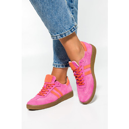 Fuksjowe sneakersy skórzane damskie buty sportowe z pomarańczowymi