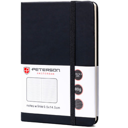 Czarny notes w formacie A6 zadrukowany w linie