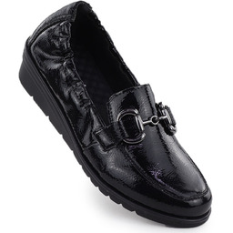 Skórzane półbuty damskie lakierowane na koturnie czarne Rieker