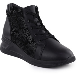 Skórzane botki damskie w kwiaty na koturnie czarne