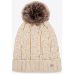 Czapka damska z warkoczowym splotem i pomponem jasnobeżowa