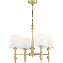 ŻYRANDOL Austin czteroramienny, mosiężne wykończenie, białe abażury, klasyczny
