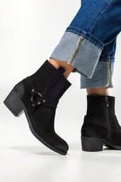 Czarne botki skórzane damskie kowbojki na klocku