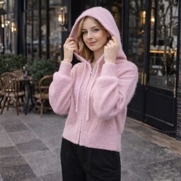 Sweter kardigan damski z kapturem na zamek różowy