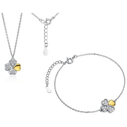 Delikatny rodowany srebrny komplet celebrytka koniczynka lucky białe