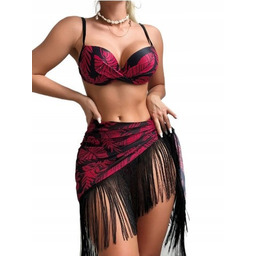 Strój Kąpielowy 3-Częściowy Czarny Kwiaty Komplet Bikini Spódniczka
