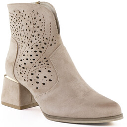 Zamszowe botki damskie na obcasie ażurowe beżowe Potocki