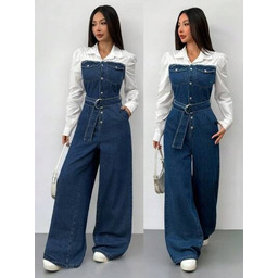 SHEIN KOMBINEZON JEANSOWY Z PASKIEM I GUZIKAMI CASUAL