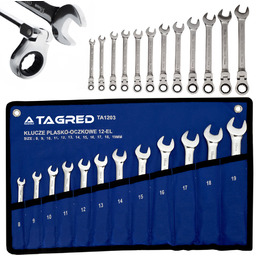 Klucze płasko-oczkowe łamane z przegubem, grzechotką 12 el.