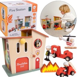 CLASSIC WORLD Remiza Strażacka Drewniana Garaż Auto Helikopter