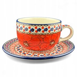 Filiżanka ze spodkiem Unikat Kwiaty czerwone 200 ml