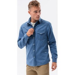 Koszula męska jeansowa na zatrzaski - niebieska V2