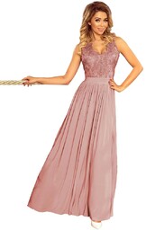 Pudrowa Długa Wieczorowa Sukienka z Koronką