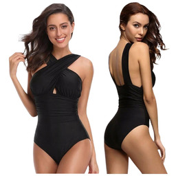 Jednoczęściowy Strój Kąpielowy Kostium Monokini Czarny Przekładany Dekolt