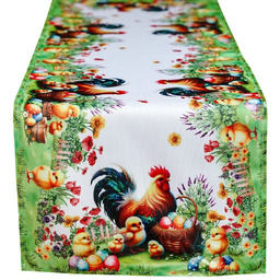 Bieżnik wielkanocny biały z kogutem, pisankami i kurczaczkami