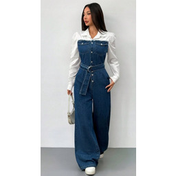 SHEIN KOMBINEZON JEANSOWY Z PASKIEM I GUZIKAMI CASUAL