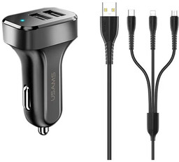 USAMS Ładowarka samochodowa 2xUSB C13 2,1A 3w1 (microUSB/USB-C/lightning)