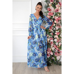 Sukienka maxi długi rękaw w chabry biała Lukrecja