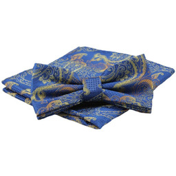 Mucha Męska z Poszetką, Niebiesko-Złota, Wzór Orientalny -