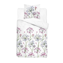 Detexpol Pościel satynowa 140x200 biała w kwiaty fioletowo-różowe