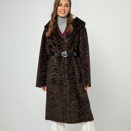 Damski płaszcz z kapturem dwurzędowy brązowy