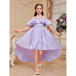 Sukienka Dziewczęca Satynowa Zdobiona Z Dłuższym Tyłem Fioletowa