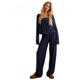 Nelly Granatowe Spodnie Proste z Wiązaniem w Pasie