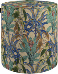 Puf Barrel, zielono-niebieskie motywy roślinne, ø40, wys. 40