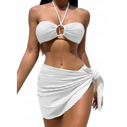Strój Kąpielowy 3-Częściowy Biały Komplet Plażowy Bikini Spódniczka