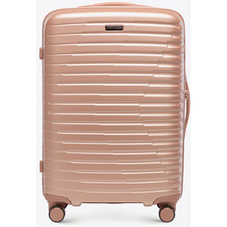 Średnia walizka z polikarbonu w poziome żebrowanie różowe